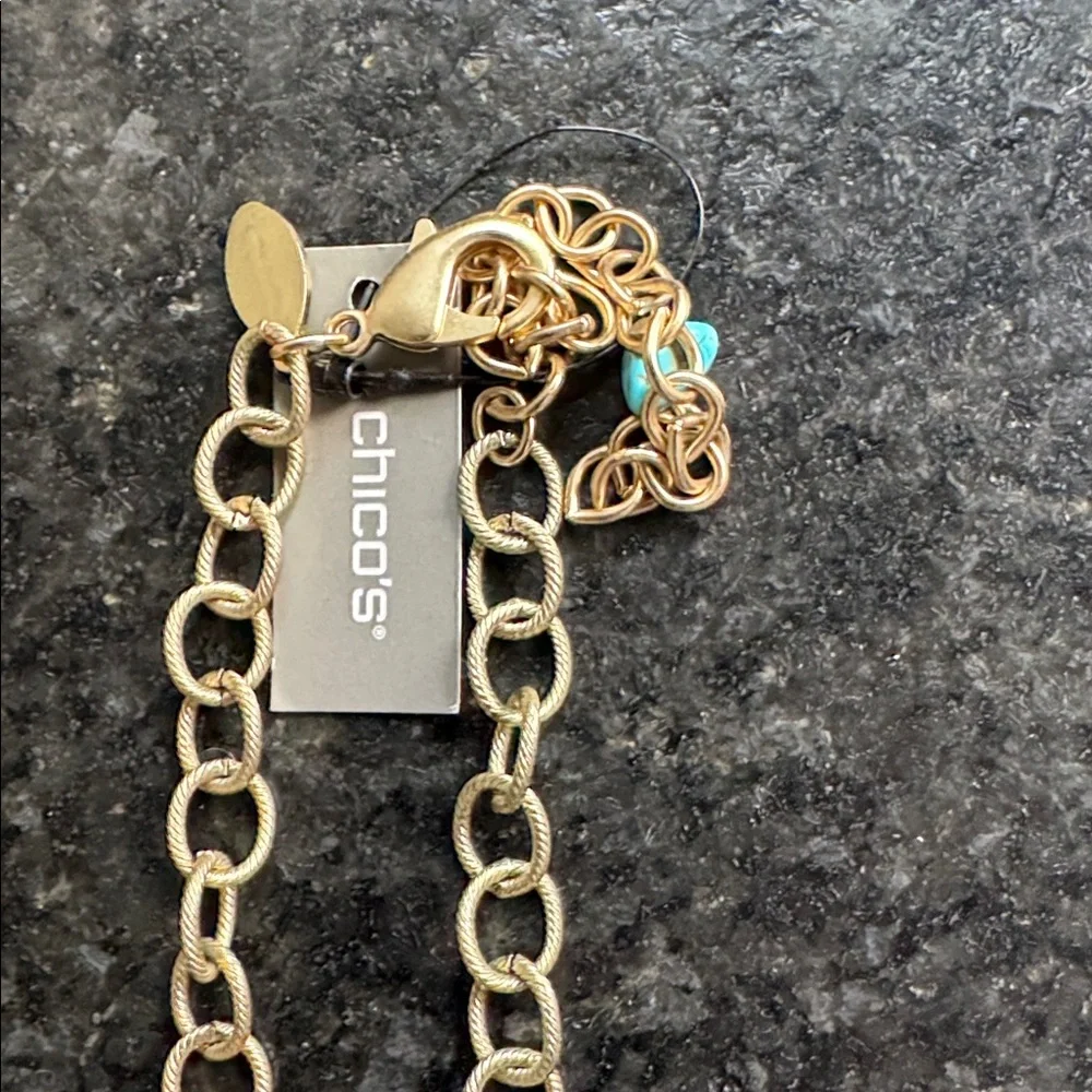 😊Chico's Turquoise Beaded Coin Drop Necklace with Gold Accents - Picture 2 of 7